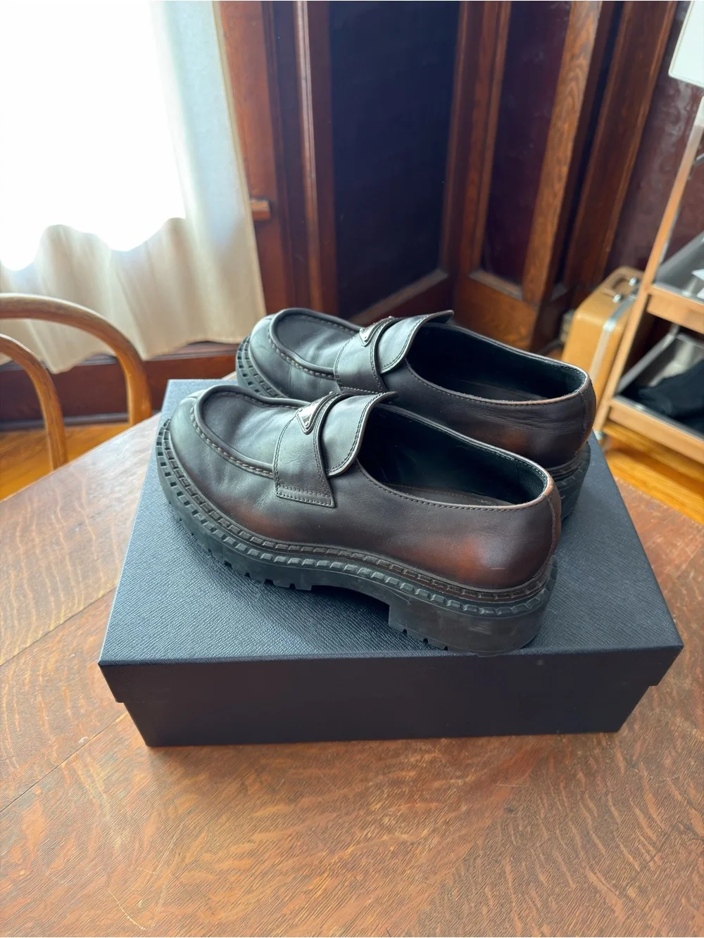 Prada Dark Brown Leather Penny Loafers with Logo Plaque